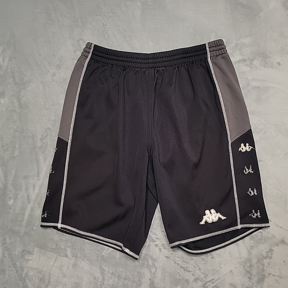 Kappa Soccer Shorts Mens L Black Grey Omini Logo Side Tape Soccer Gym Athletic
